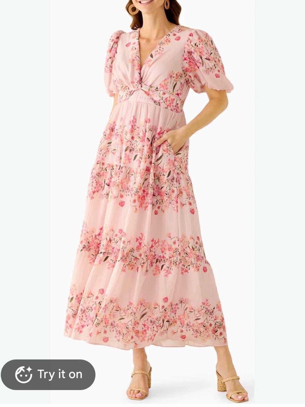 Taylor Pink Floral Maxi Dress with Puff Sleeves